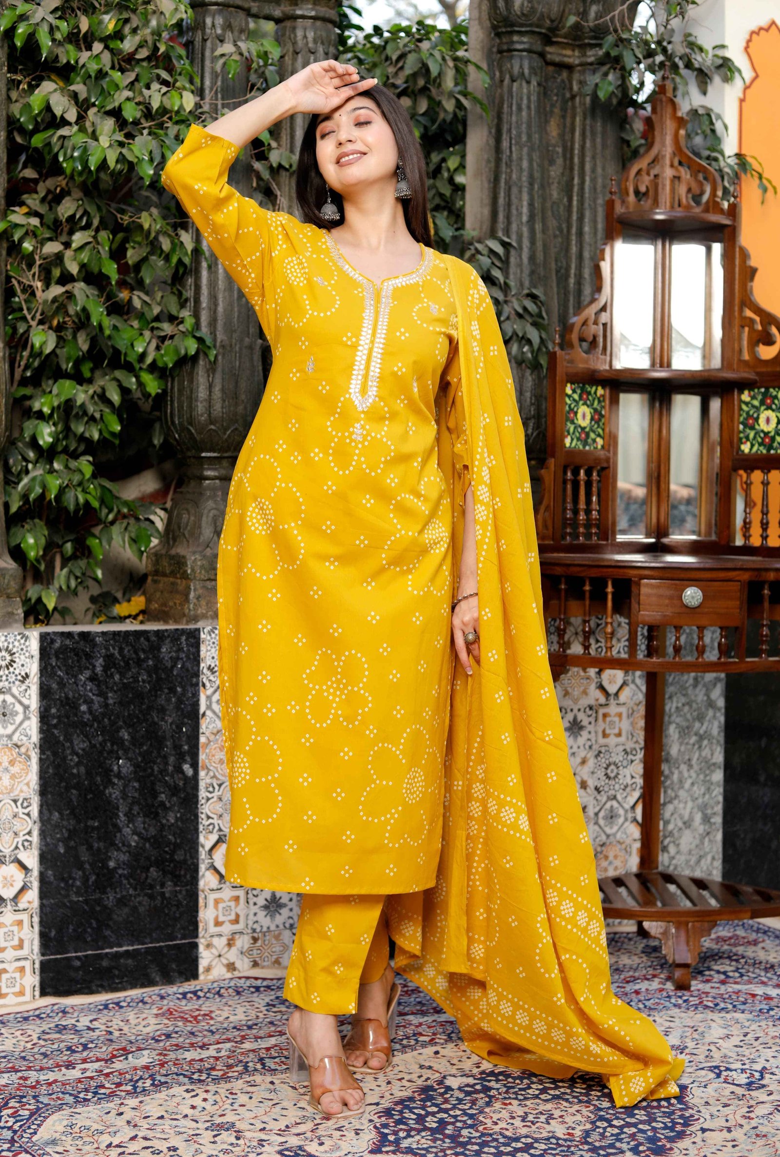  Gulika  Mustard Bandhej kurta set 